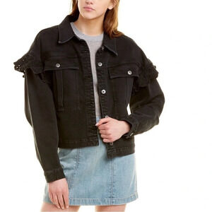 Something Navy Celeste Black Cropped Denim Jacket Ruffle Eyelet Detail Size S